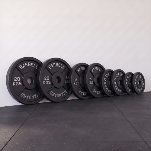 ADVG Steel Deep Dish Plates 100kg set leaning against the wall in the studio