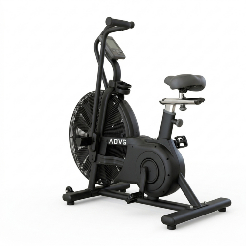ADVG Assault AirBike PowerMax 2.0 black air bike, rear three-quarter view showing fan blades and padded seat