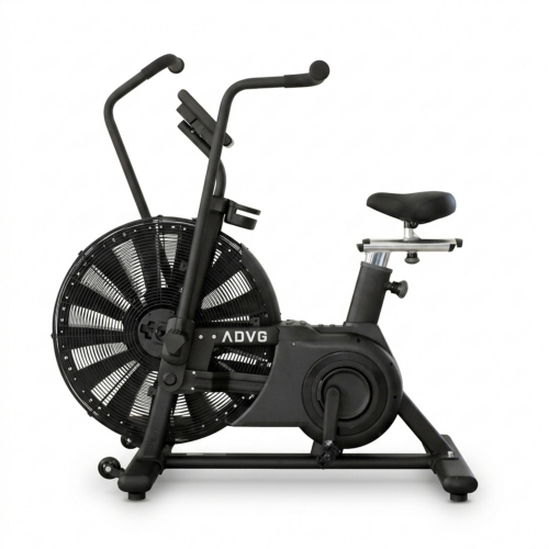 ADVG Assault AirBike PowerMax 2.0 black fan bike, side profile view showing full frame and air resistance fan