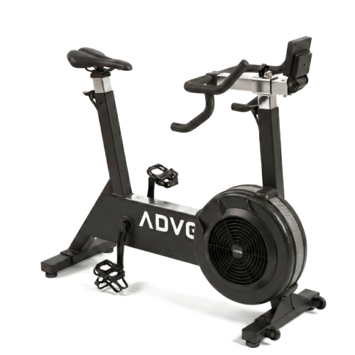 ADVG BikeErg air-resistance exercise bike, all-black with chrome accents and steel fan mesh ring, 3/4 view