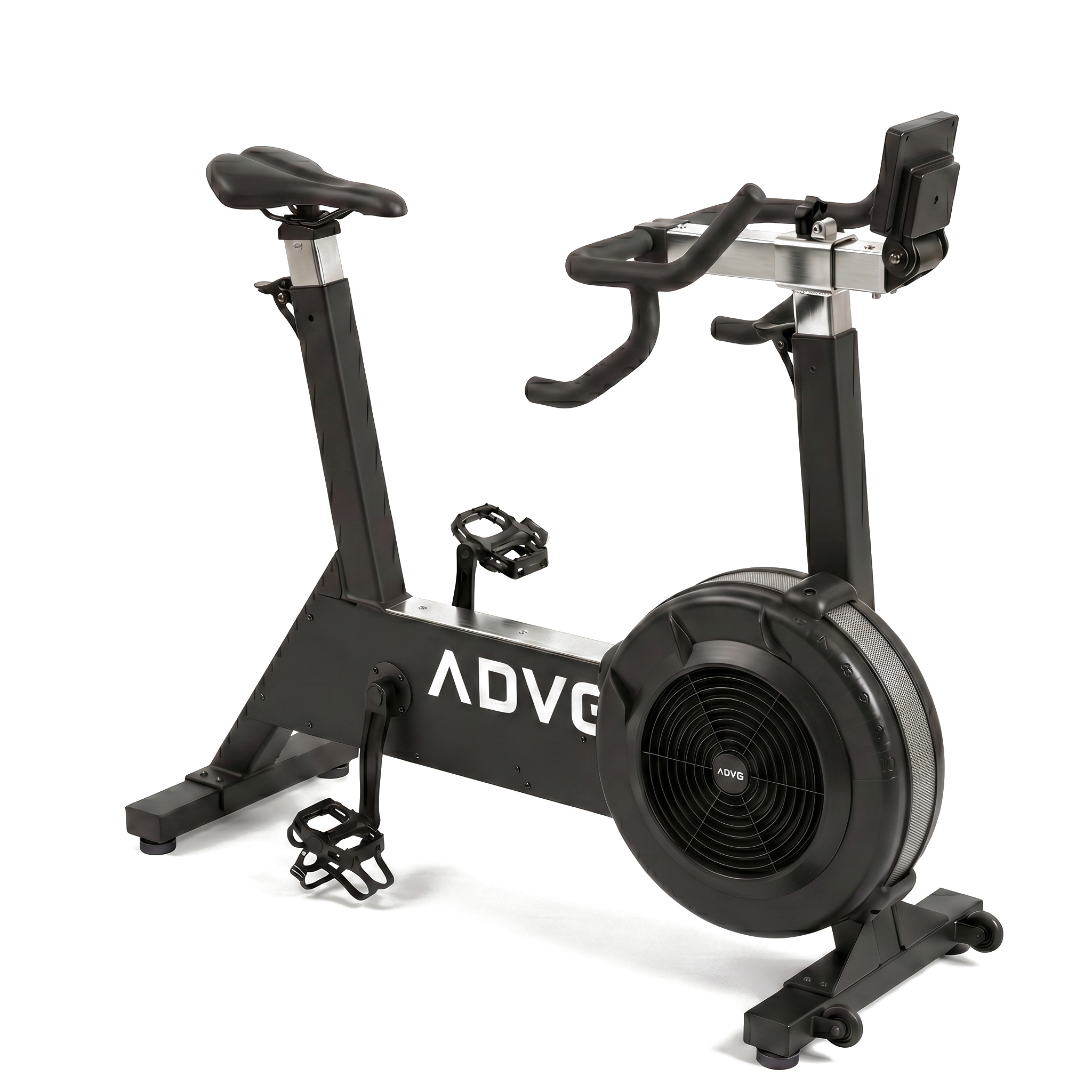 ADVG BikeErg air-resistance exercise bike, all-black with chrome accents and steel fan mesh ring, 3/4 view