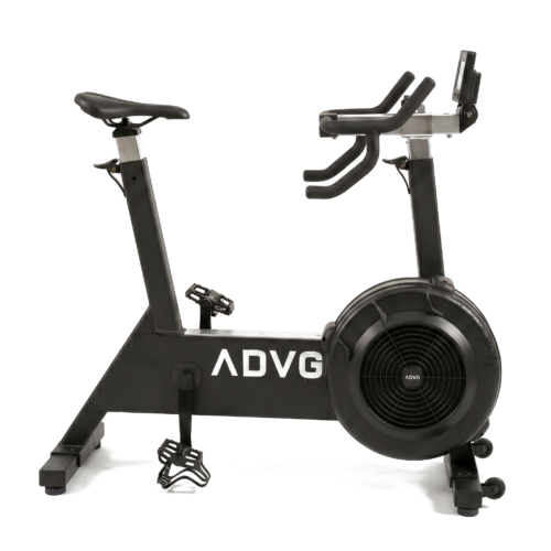 ADVG BikeErg air bike side profile showing full frame, ADVG logo, seat, pedals and fan drum