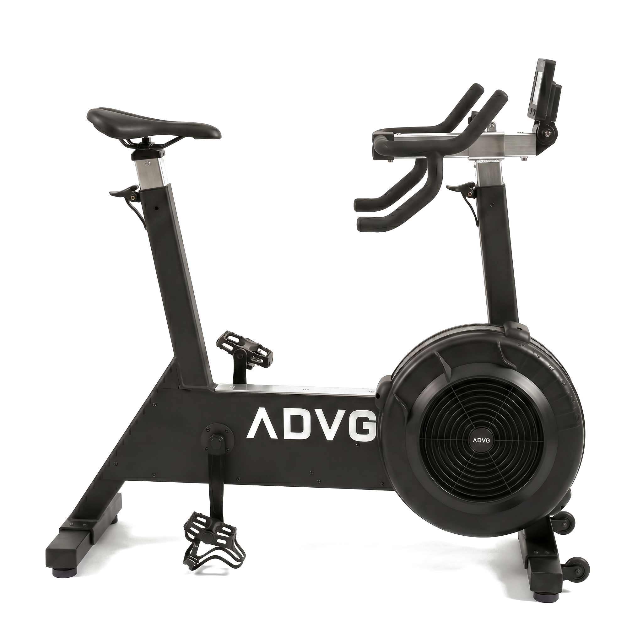 ADVG BikeErg air bike side profile showing full frame, ADVG logo, seat, pedals and fan drum