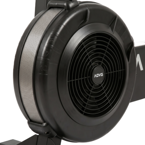 Close-up of the ADVG BikeErg fan drum showing perforated steel mesh resistance ring with numbers and ADVG centre logo