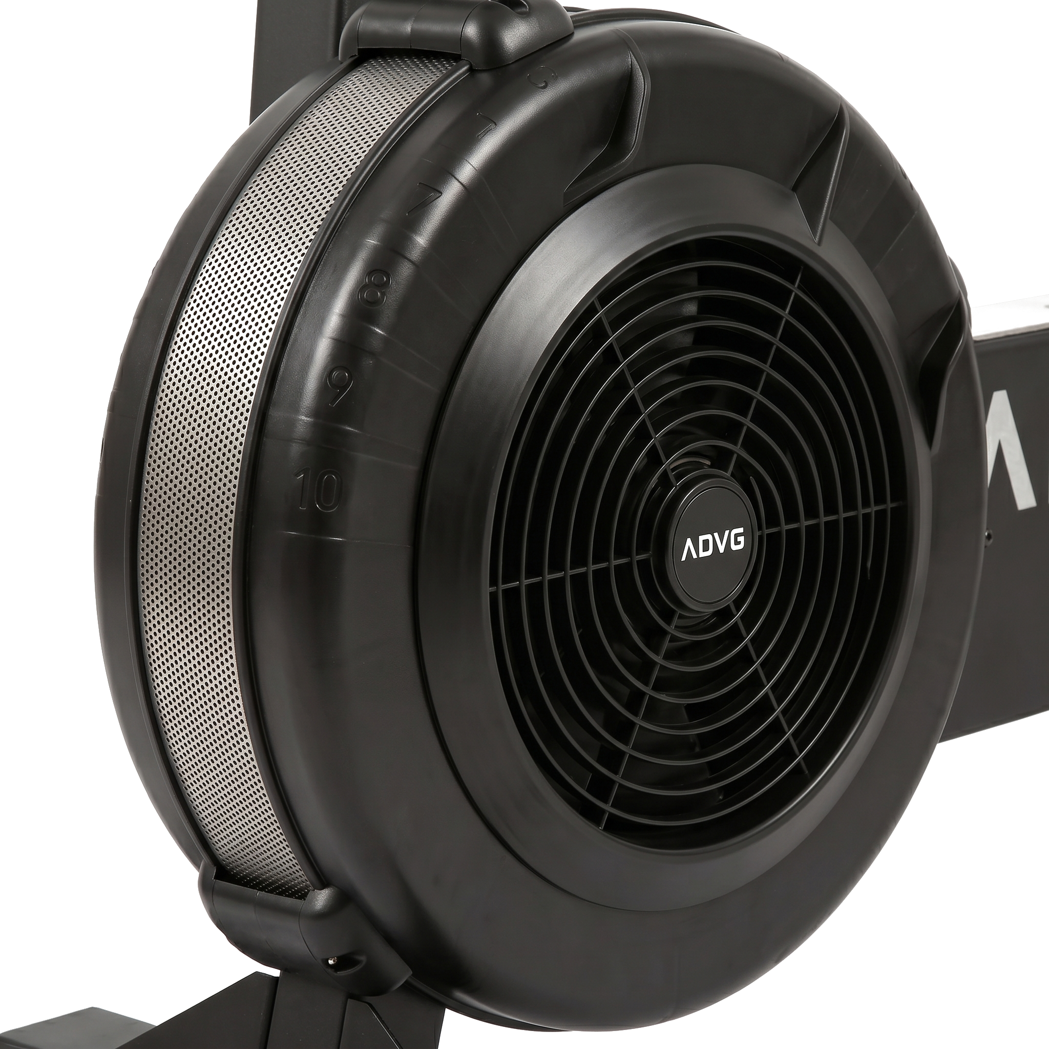 Close-up of the ADVG BikeErg fan drum showing perforated steel mesh resistance ring with numbers and ADVG centre logo