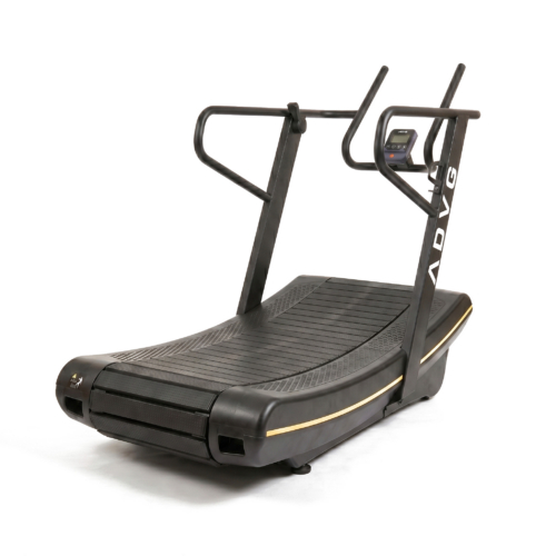 ADVG CurveMax curved treadmill, alternate angle showing the curved running deck and rear end-cap grip holes, all-black with yellow accent