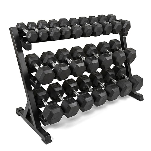 ADVG hex dumbbell set on a black 3-tier rack, on white