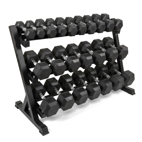 ADVG hex dumbbell set on a black 3-tier rack, on white