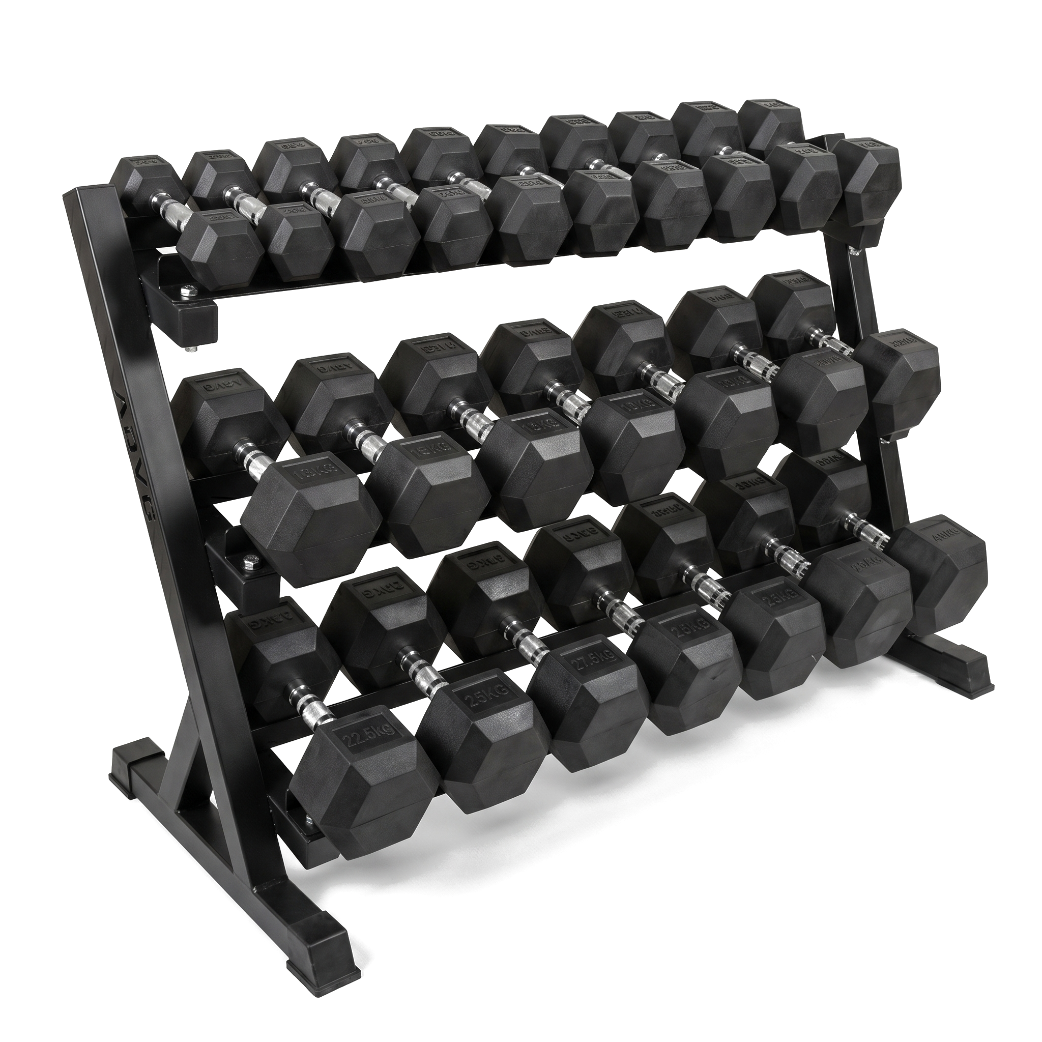 ADVG hex dumbbell set on a black 3-tier rack, on white
