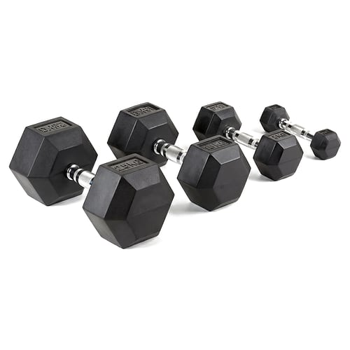 ADVG rubber hex dumbbells set, black hexagonal heads with chrome handles, on white