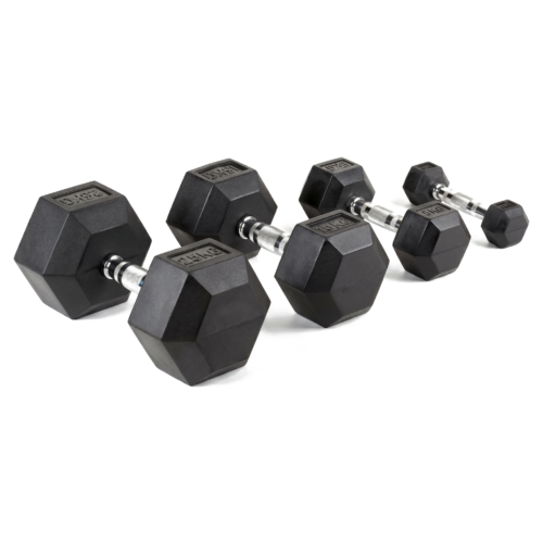 ADVG rubber hex dumbbells set, black hexagonal heads with chrome handles, on white
