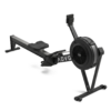 ADVG RowErg air rowing machine, matte black, three-quarter view facing right with white ADVG logo on the flywheel