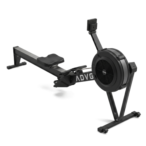 ADVG RowErg air rowing machine, matte black, three-quarter view facing right with white ADVG logo on the flywheel