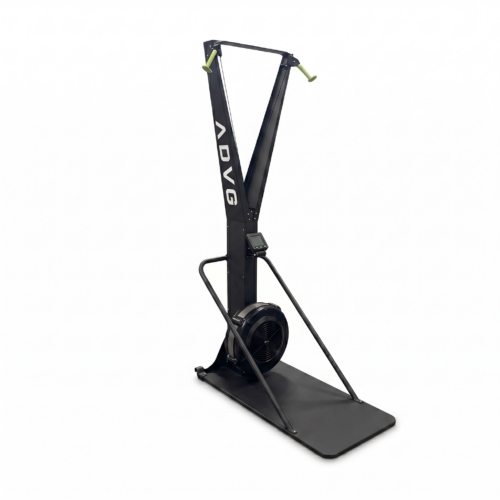 ADVG SkiErg air-resistance ski trainer, all-black with classic green handles, front three-quarter studio view