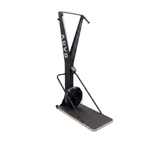 ADVG SkiErg on plywood floor stand with black grip top, matte black, three-quarter view facing right