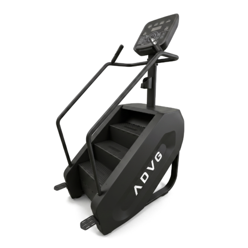 ADVG StepMaster 1.0 stair climber, matte black studio render, three-quarter view facing right with fitness console and ADVG logo