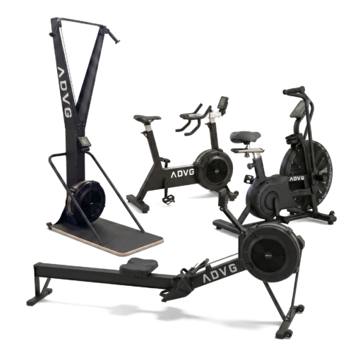 ADVG SkiErg, BikeErg, RowErg and Assault AirBike 2.0 four-machine bundle, matte black, on white
