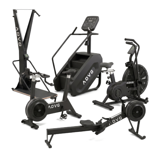 ADVG complete cardio studio - SkiErg, BikeErg, RowErg, AirBike and StepMaster, matte black render, on white