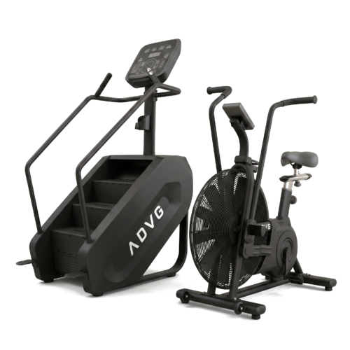 ADVG StepMaster and Assault AirBike 2.0 bundle, matte black render, on white