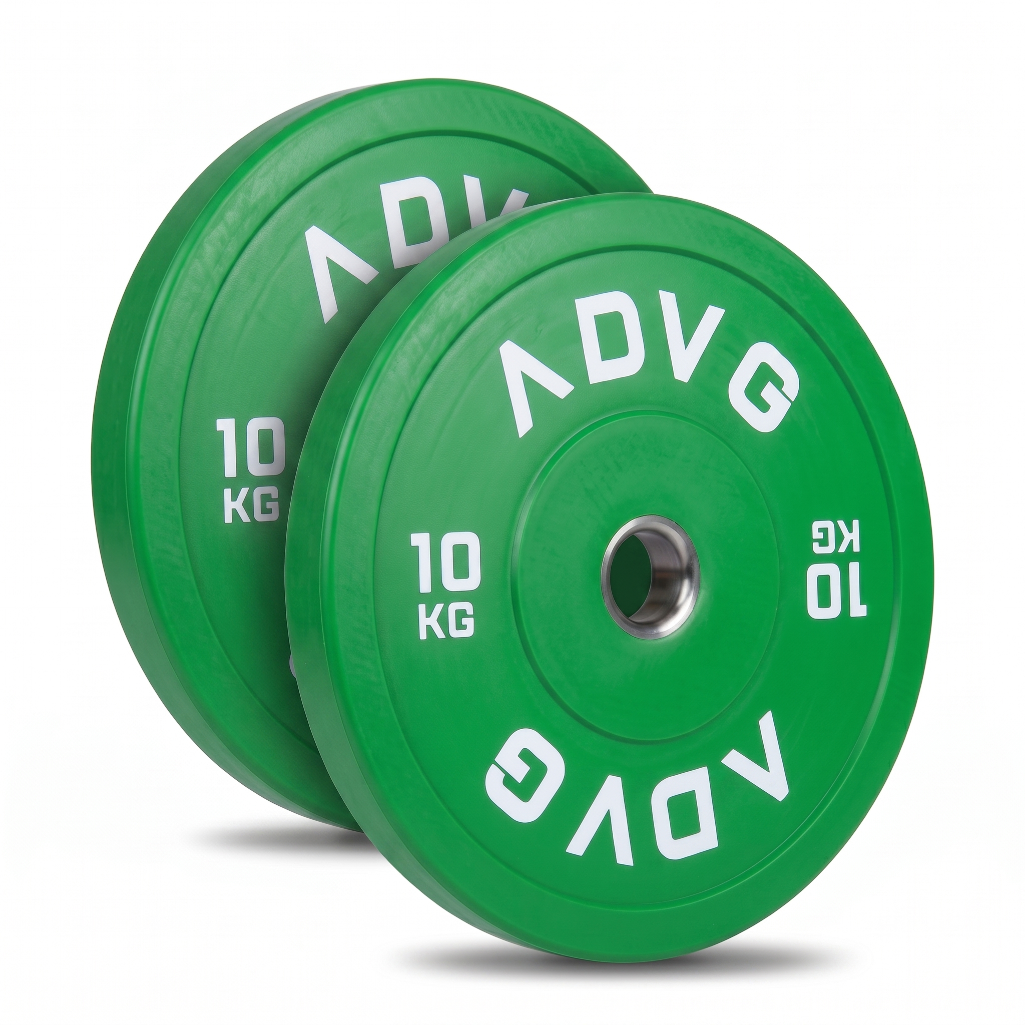 ADVG coloured rubber bumper plates, pair of 2 x 10kg, two plates on white