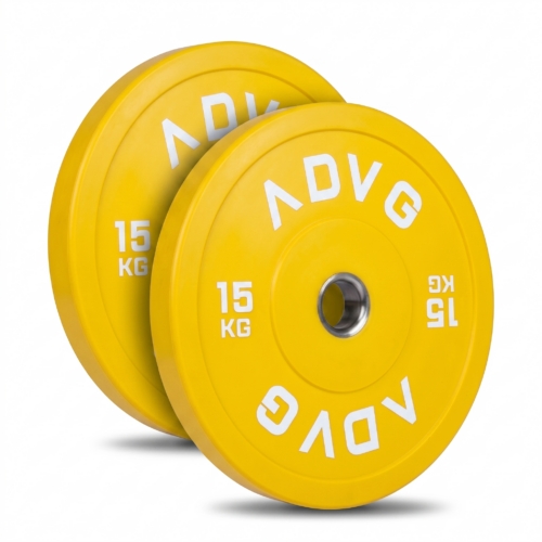 ADVG coloured rubber bumper plates, pair of 2 x 15kg, two plates on white