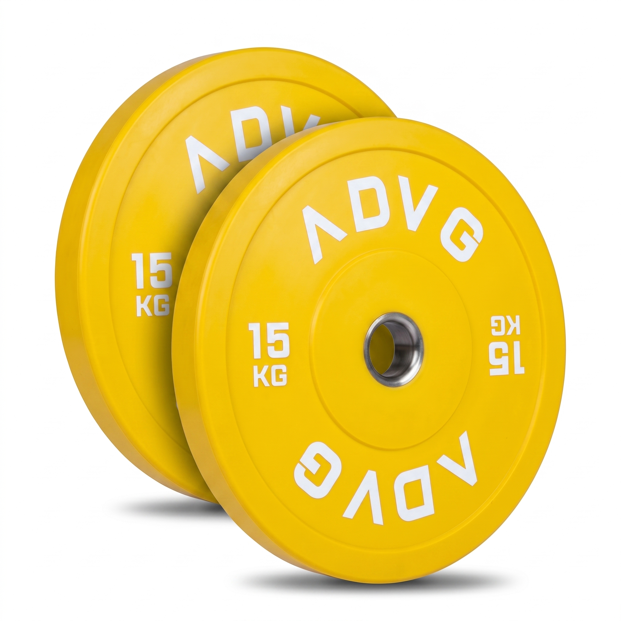 ADVG coloured rubber bumper plates, pair of 2 x 15kg, two plates on white