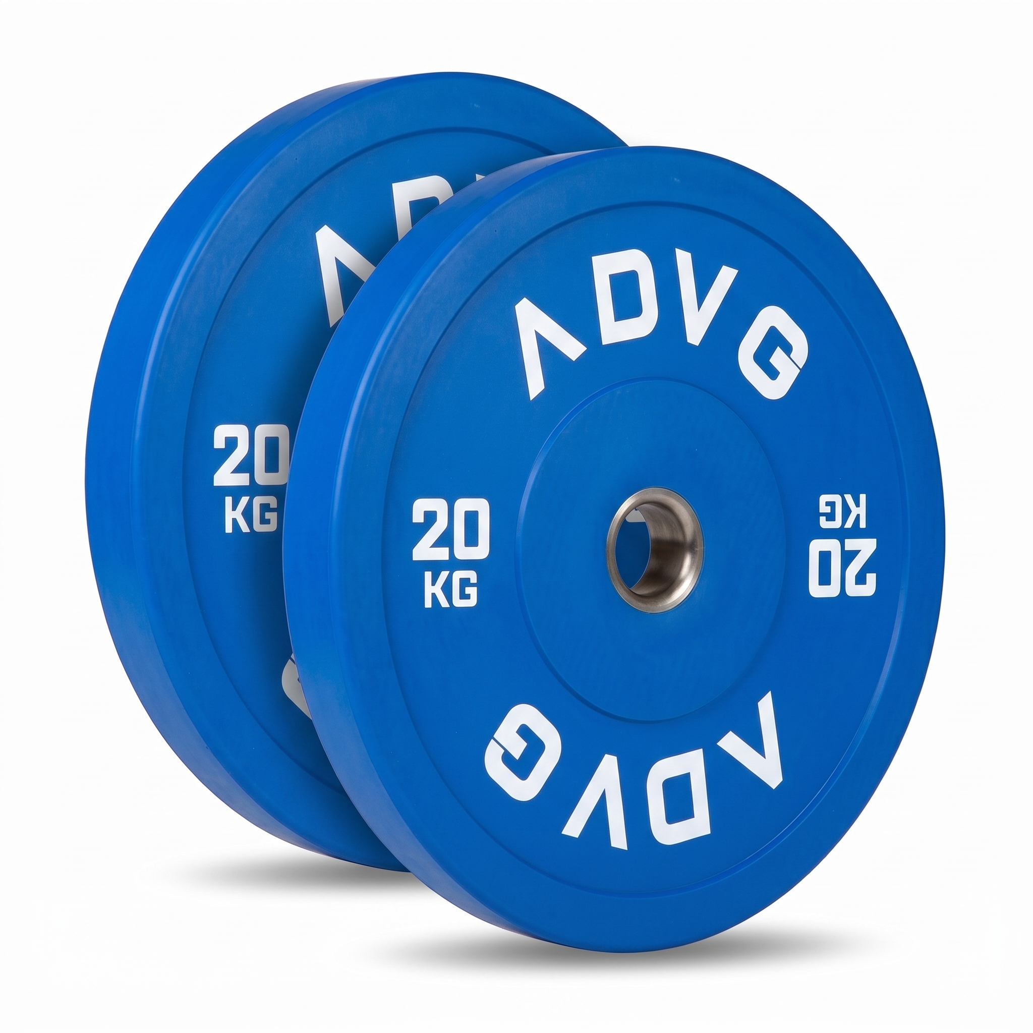 ADVG coloured rubber bumper plates, pair of 2 x 20kg, two plates on white
