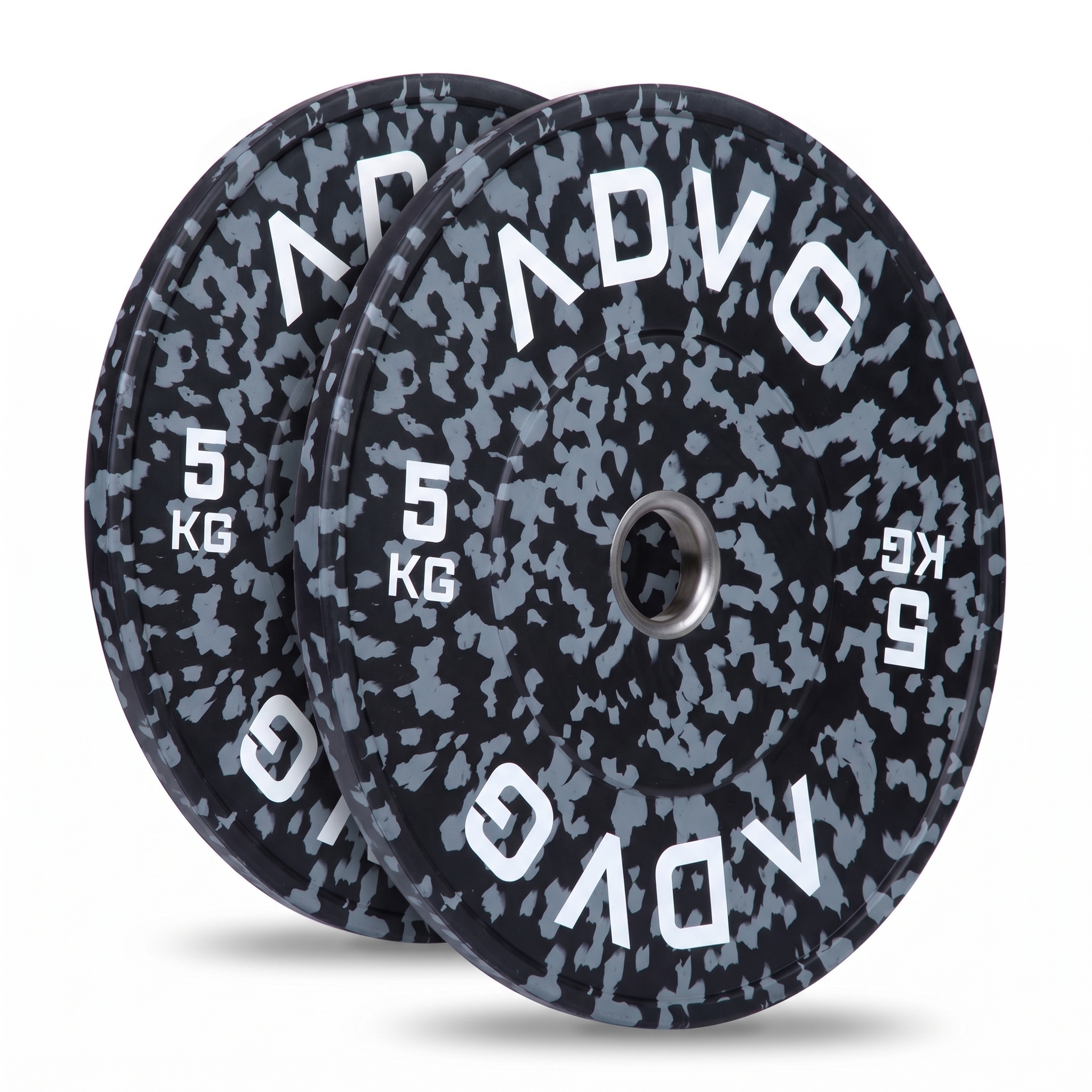 ADVG speckled rubber bumper plates, pair of 2 x 5kg, two plates on white
