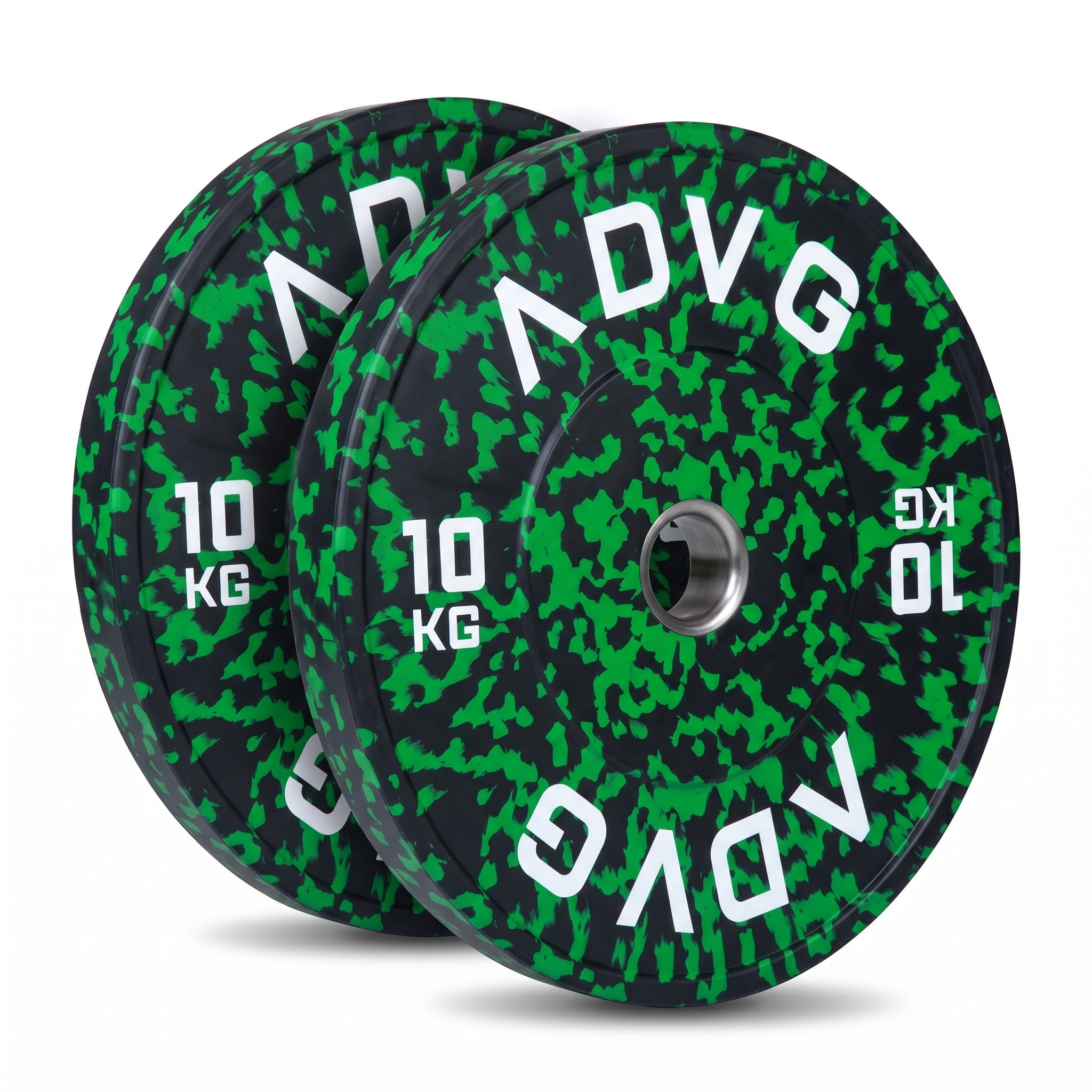 ADVG speckled rubber bumper plates, pair of 2 x 10kg, two plates on white
