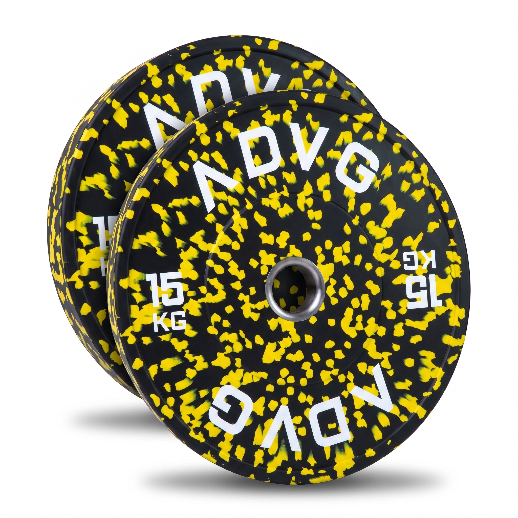 ADVG speckled rubber bumper plates, pair of 2 x 15kg, two plates on white