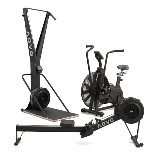 ADVG SkiErg, Assault AirBike 1.0 and RowErg bundle, matte black, on white