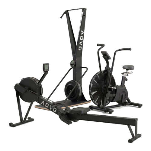 ADVG SkiErg, Assault AirBike PowerMax 2.0 and RowErg bundle, all matte black, on white
