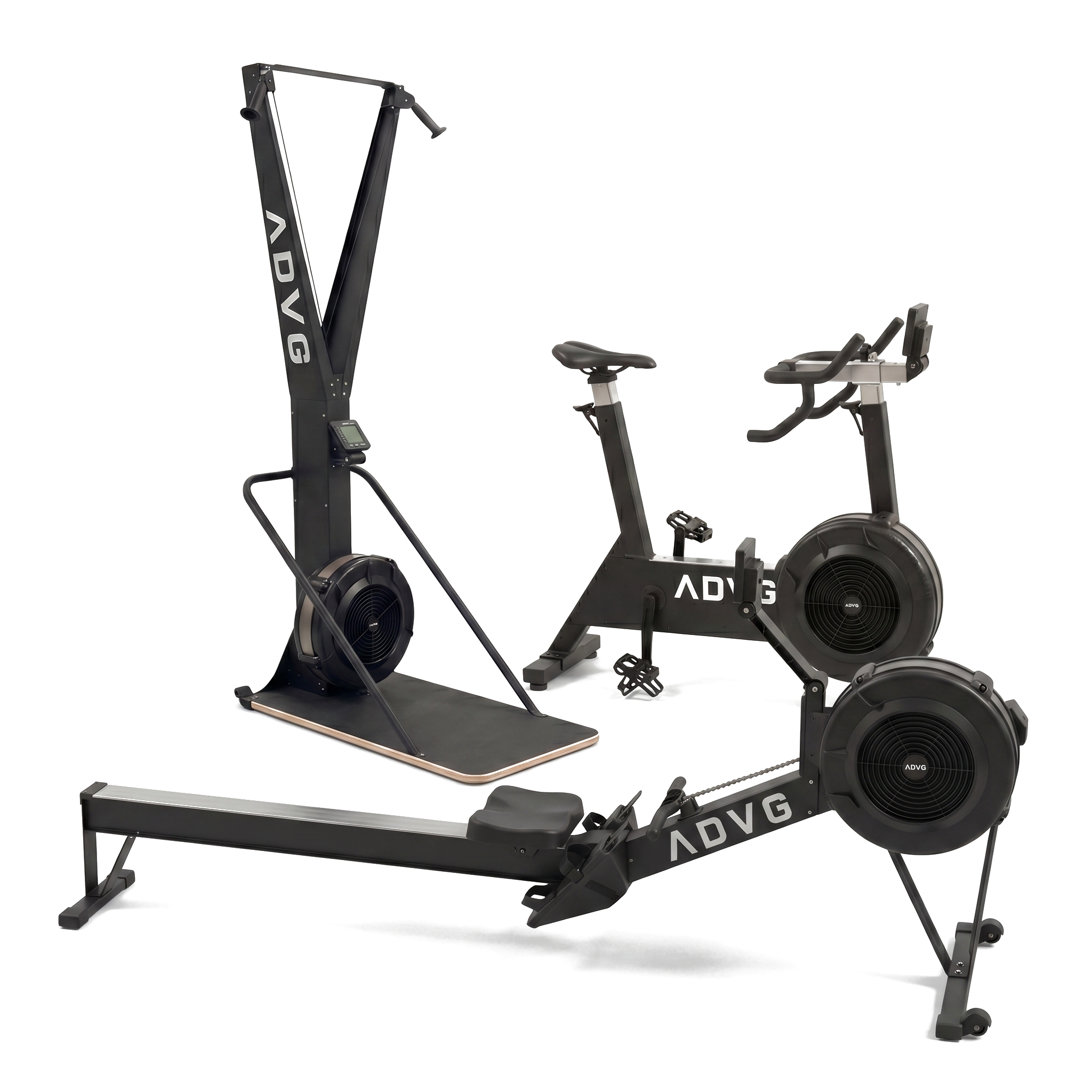 ADVG Tri-Erg bundle - SkiErg, BikeErg and RowErg, matte black, on white