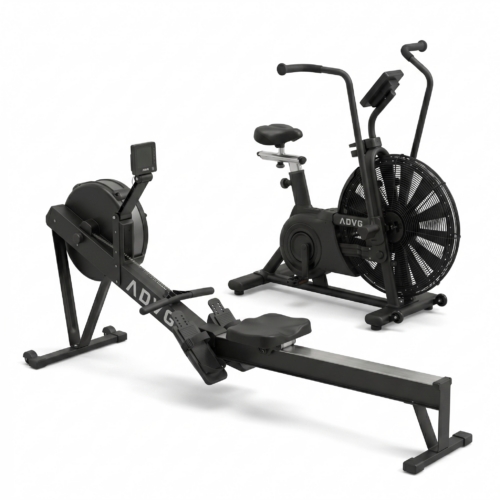 ADVG RowErg rowing machine and AirBike PowerMax 2.0 air bike bundle on white