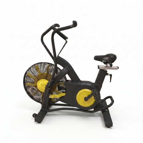 ADVG Sprint Air Bike matte black sport air bike with yellow fan three-quarter view