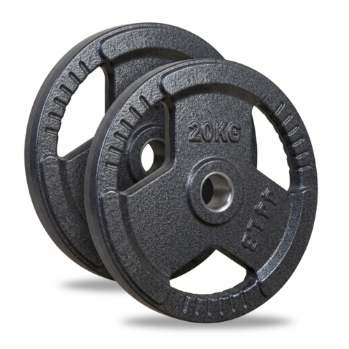 ADVG Cast Iron Olympic Tri Grip Weights, pair of 2 x 20kg, two plates at a 3/4 angle on white