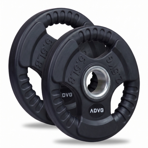 ADVG Rubber Tri Grip Weights, pair of 2 x 2.5kg, two plates at a 3/4 angle on white