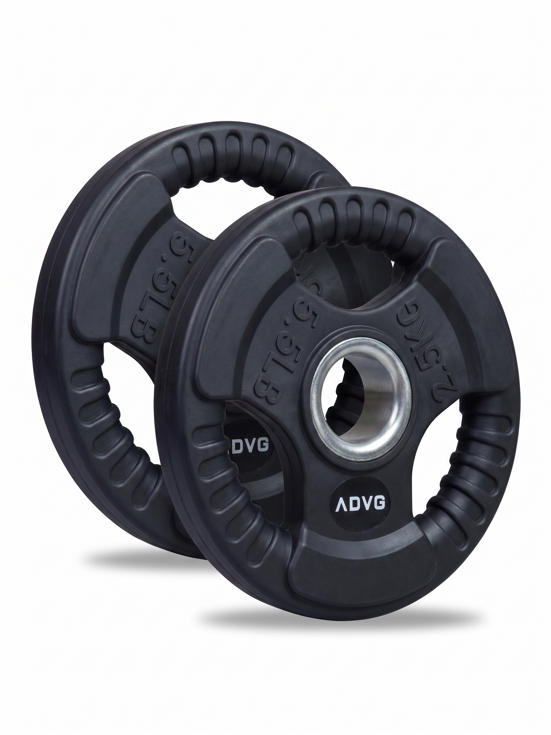 ADVG Rubber Tri Grip Weights, pair of 2 x 2.5kg, two plates at a 3/4 angle on white
