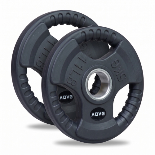 ADVG Rubber Tri Grip Weights, pair of 2 x 5kg, two plates at a 3/4 angle on white