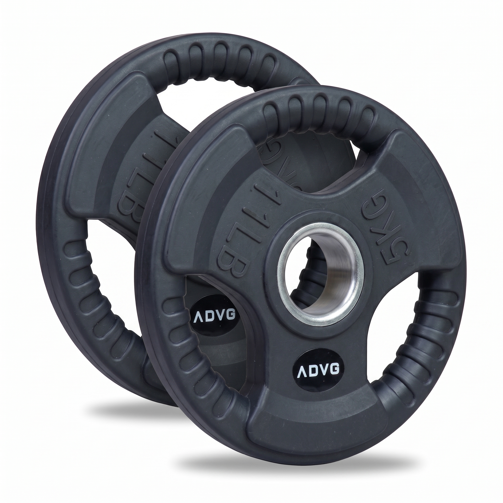 ADVG Rubber Tri Grip Weights, pair of 2 x 5kg, two plates at a 3/4 angle on white