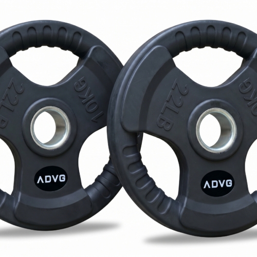 ADVG Rubber Tri Grip Weights, pair of 2 x 10kg, two plates at a 3/4 angle on white