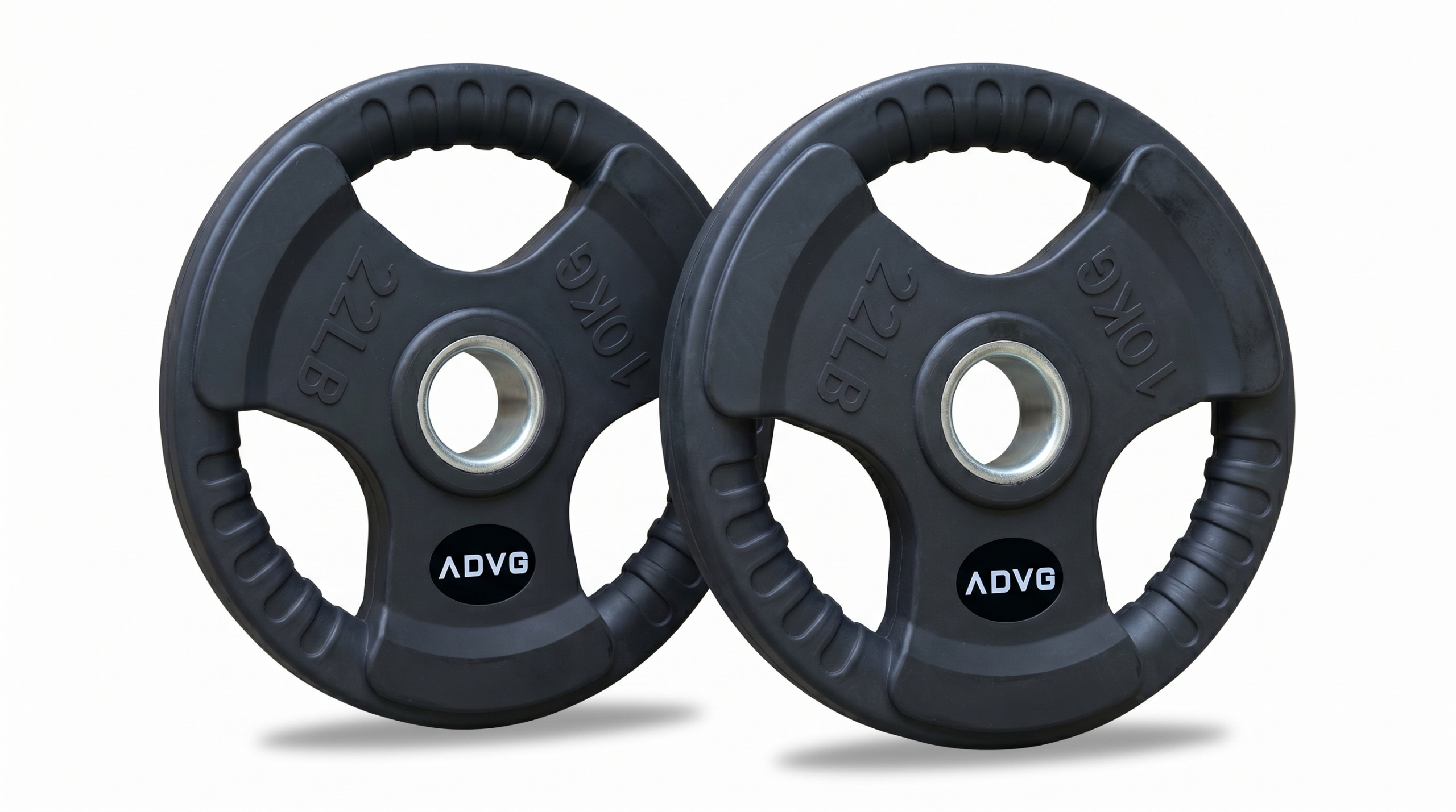 ADVG Rubber Tri Grip Weights, pair of 2 x 10kg, two plates at a 3/4 angle on white