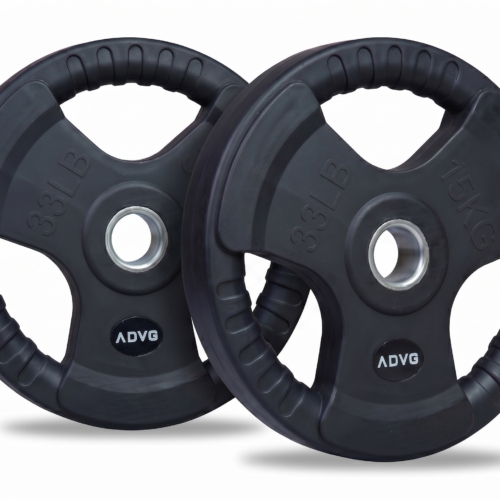 ADVG Rubber Tri Grip Weights, pair of 2 x 15kg, two plates at a 3/4 angle on white