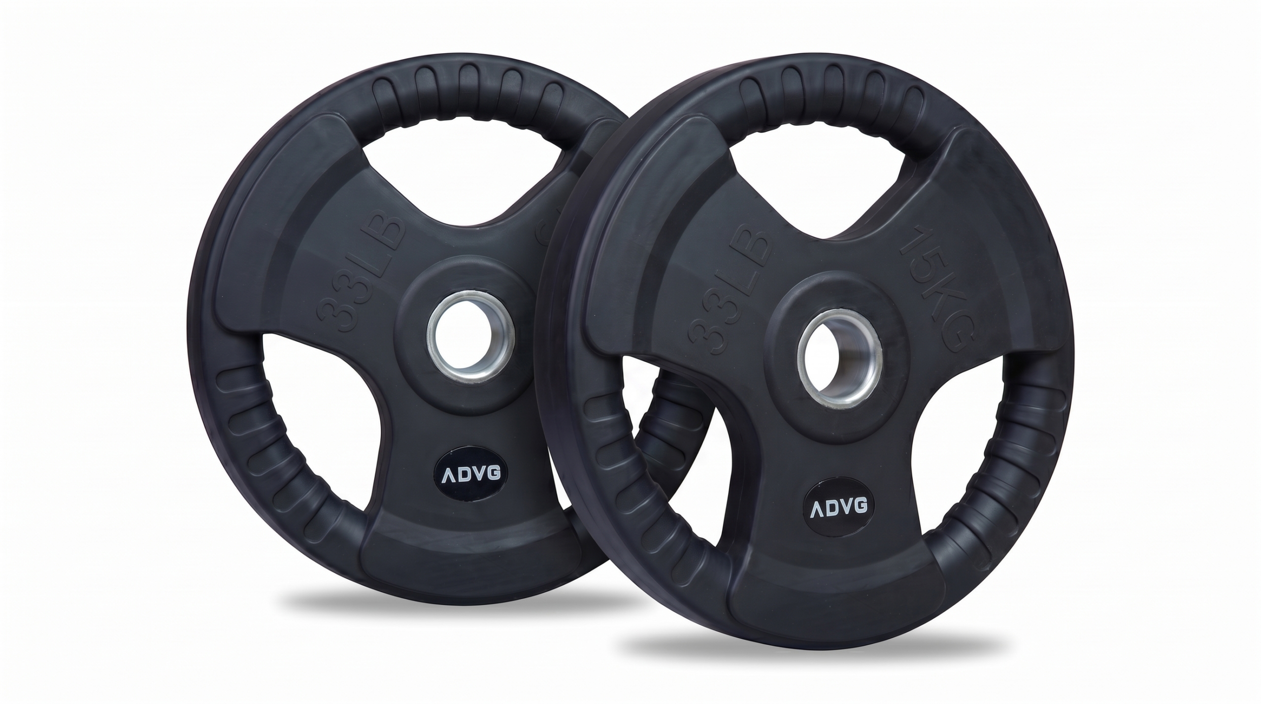ADVG Rubber Tri Grip Weights, pair of 2 x 15kg, two plates at a 3/4 angle on white