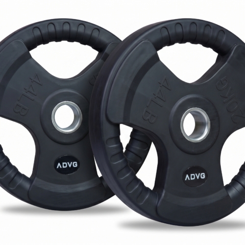 ADVG Rubber Tri Grip Weights, pair of 2 x 20kg, two plates at a 3/4 angle on white