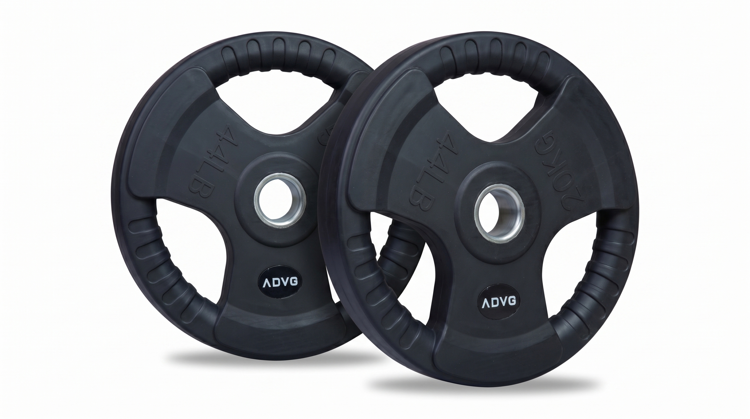 ADVG Rubber Tri Grip Weights, pair of 2 x 20kg, two plates at a 3/4 angle on white