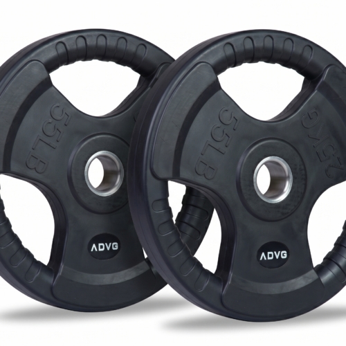 ADVG Rubber Tri Grip Weights, pair of 2 x 25kg, two plates at a 3/4 angle on white