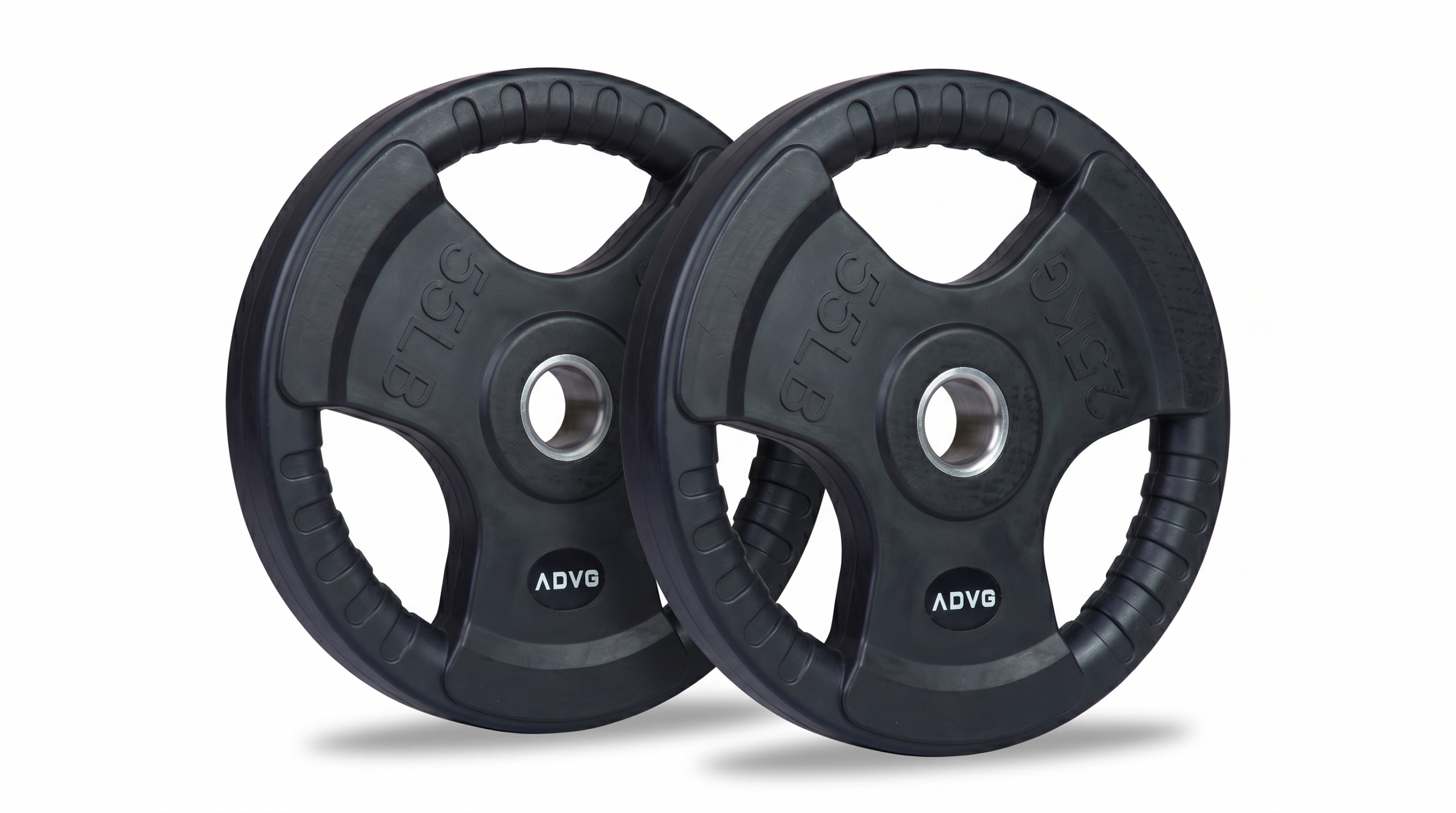 ADVG Rubber Tri Grip Weights, pair of 2 x 25kg, two plates at a 3/4 angle on white