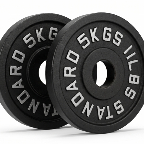 ADVG Steel Deep Dish Bumper Plates, pair of 2 x 5kg, two plates at a 3/4 angle on white