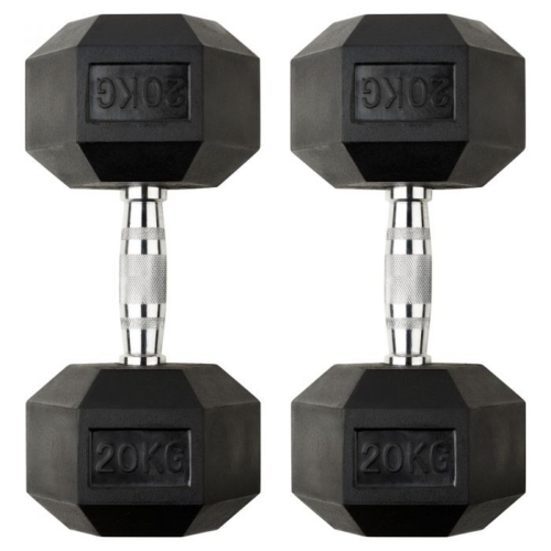 ADVG hex dumbbells, pair of 20kg rubber-coated hex dumbbells with chrome knurled handles on a white background